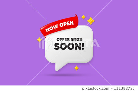 Offer ends soon ribbon speech bubble. Now open flag ribbon. Offer ends soon tag. Special offer price sign. Advertising discounts symbol. 3d sparkle stars speech bubble. Vector Offer ends soon ribbon speech bubble. Now open flag ribbon. Offer ends soon tag. Special offer price sign. Advertising discounts symbol. 3d sparkle stars speech bubble. Vector 131398755