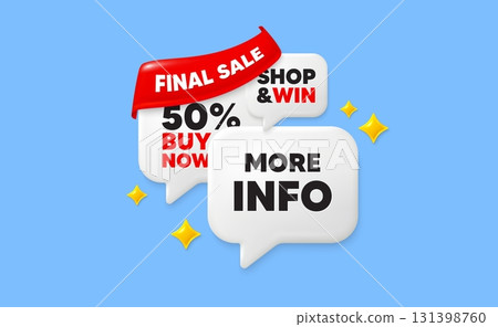 More info speech bubbles. Final sale flag ribbon. More info tag. Navigation sign. Read description symbol. Discount chat bubbles with 3d sparkles. Vector 131398760