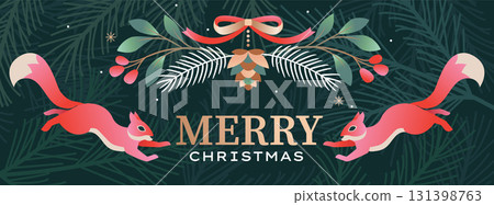 Christmas horizontal greeting card with squirrels wishing happy holiday, mistletoe, red berries on coniferous background. Template design for flyer, web, posters, banners, social media. Vector 131398763