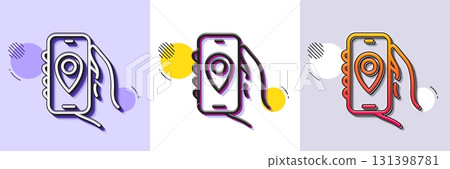 Location app line icon. Halftone dotted pattern. Gradient icon with grain shadow. Hand hold phone sign. Cellphone with screen notification symbol. Line location app icon. Various designs. Vector Location app line icon. Halftone dotted pattern. Gradient icon with grain shadow. Hand hold phone sign. Cellphone with screen notification symbol. Line location app icon. Various designs. Vector 131398781