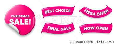 Christmas sale sticker, Sale offer ribbons. Best choice, Now open. Christmas Sale tag. Special offer price sign. Advertising Discounts symbol. Pink sticker tag. Flag ribbon banners. Vector Christmas sale sticker, Sale offer ribbons. Best choice, Now open. Christmas Sale tag. Special offer price sign. Advertising Discounts symbol. Pink sticker tag. Flag ribbon banners. Vector 131398793