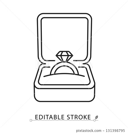 A diamond ring in a box icon in a minimalist line style with editable stroke. Marriage proposal, engagement jewelry, wedding surprise, precious gemstone gift, love and romance symbol. 131398795