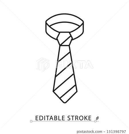 A necktie icon in a minimalist line style with editable stroke. Men's fashion accessory, formal business wear, gentleman style, classic office clothing, striped suit element. 131398797