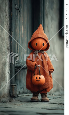 Child in an orange cloak with a pumpkin bag 131398823
