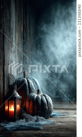 Mysterious pumpkins next to a glowing lantern 131398840