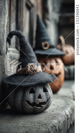 Pumpkins with witch hats in spooky setting 131398841