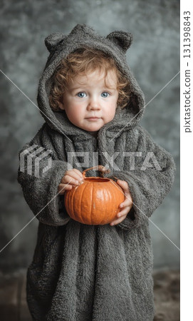 Sweet child in bear costume holding a pumpkin 131398843