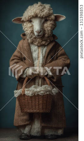 Vintage sheep in whimsical attire with basket 131398853
