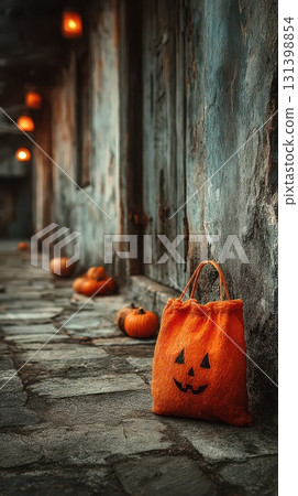 Charming Halloween pathway lined with pumpkins 131398854