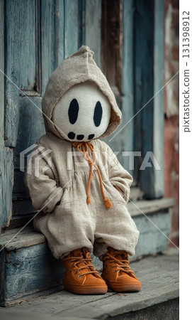 Charming doll in cozy outfit outdoors 131398912