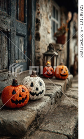 Pumpkins with faces on a stone walkway in autumn 131398925