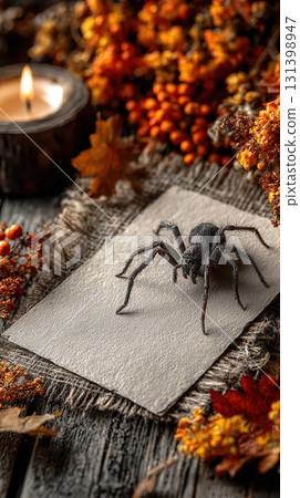 Spider on textured paper with autumn decor 131398947