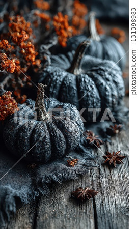 Decorative dark pumpkins and autumn leaves 131398983