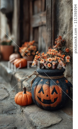 Pumpkin decoration with flowers in autumn setting 131398994