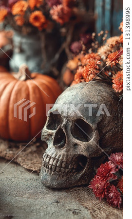 Autumn decor with a skull and pumpkin display 131398996