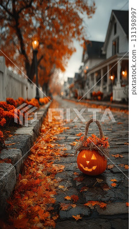 Festive pumpkin along a scenic autumn pathway 131398997