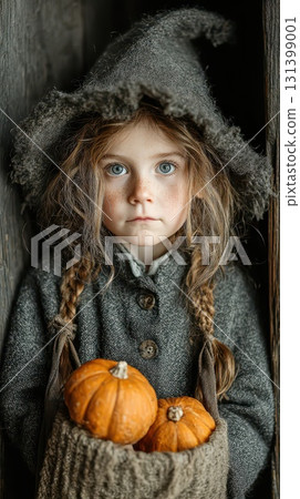 Child holding pumpkins in a rustic setting Child holding pumpkins in a rustic setting 131399001