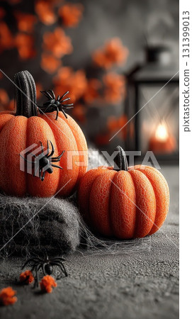 Halloween decorations with pumpkins and spiders 131399013