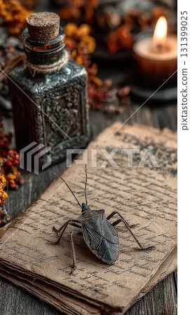 Dark bug on old paper potion beside 131399025