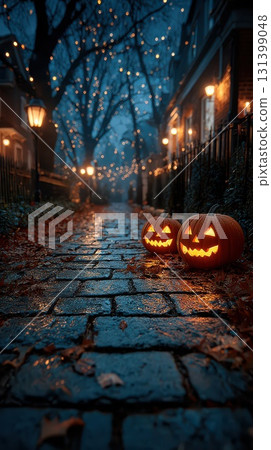 Charming Halloween night with glowing pumpkins 131399048