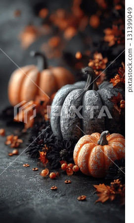 Chic pumpkins and fall leaves set mood 131399049