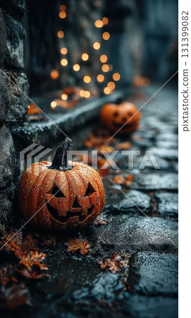 Vibrant pumpkins glow in a rainy autumn setting 131399082