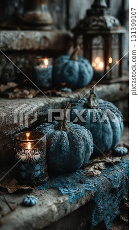 Cozy autumn with blue pumpkins and candles 131399107