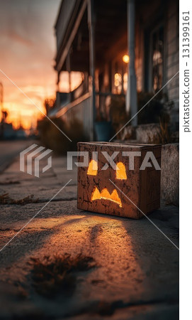 Pumpkin art on sidewalk at sunset Pumpkin art on sidewalk at sunset 131399161