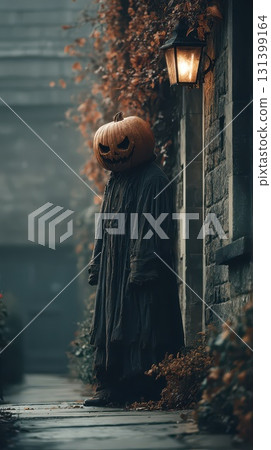 Mysterious figure with pumpkin head at night 131399164