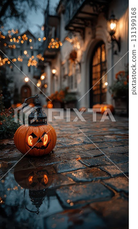 Glowing pumpkins in a Halloween night Glowing pumpkins in a Halloween night 131399168