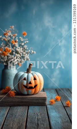 Happy pumpkin with autumn flowers in cozy setting 131399169