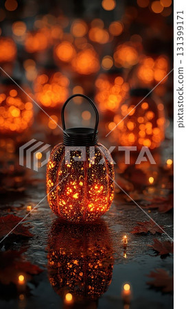 Glowing pumpkin lanterns illuminate autumn evening 131399171