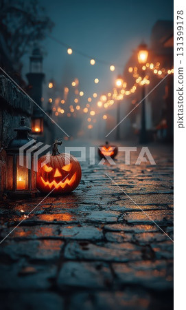 Pumpkins lit up on a misty Halloween night walk Pumpkins lit up on a misty Halloween night walk 131399178
