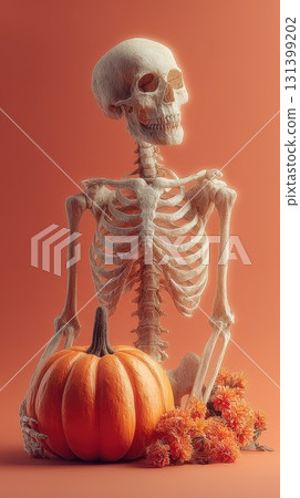 Skeleton displays festive autumn decorations 131399202