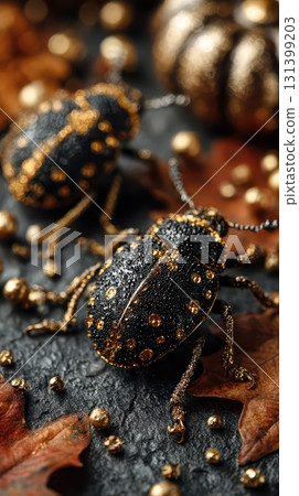 Colorful glitter beetles crawling on dark surface 131399203