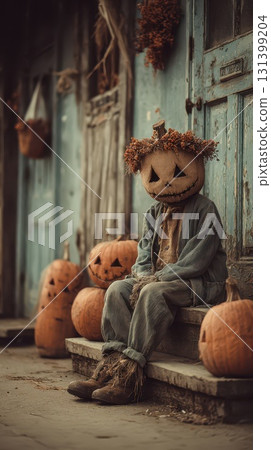 Scarecrow sitting among carved pumpkins on a porch 131399204