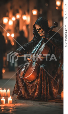 Skeleton musician plays cello in candlelit street 131399206