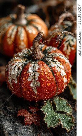 Beautiful orange pumpkins with dew drops on leaves 131399207