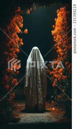 Mysterious figure in a flower filled night path Mysterious figure in a flower filled night path 131399219