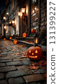 Glowing pumpkins line the night path 131399227