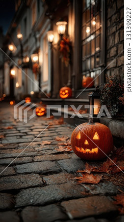 Glowing pumpkins line the night path 131399227