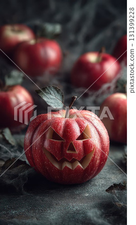 Creative Halloween decoration with carved apple Creative Halloween decoration with carved apple 131399228