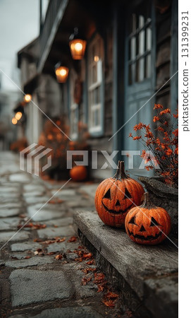 Pumpkin display on a charming autumn street 131399231