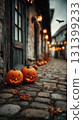 Halloween decorated cobblestone street 131399233