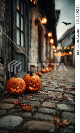 Halloween decorated cobblestone street Halloween decorated cobblestone street 131399233