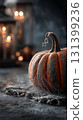 Spooky autumn pumpkin with spider webs at night 131399236