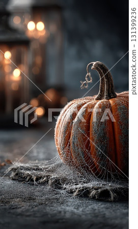 Spooky autumn pumpkin with spider webs at night Spooky autumn pumpkin with spider webs at night 131399236