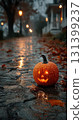 Cozy autumn night with a glowing jack o lantern 131399237