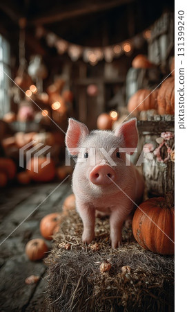 Cute piglet among pumpkins in a rustic setting 131399240