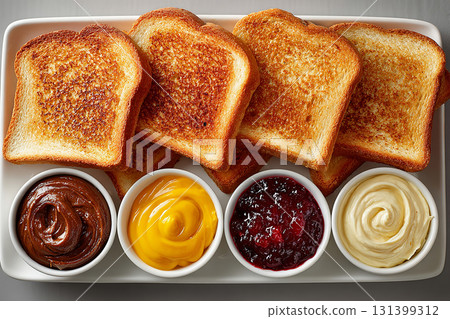 Premium appeal. American buffet breakfast. Hotel Breakfast Styles. Top view of a tray of pieces of toasted bread on a plate and assorted spreads in small bowls on a white background. Premium appeal. American buffet breakfast. Hotel Breakfast Styles. Top view of a tray of pieces of toasted bread on a plate and assorted spreads in small bowls on a white background. 131399312
